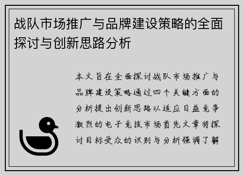战队市场推广与品牌建设策略的全面探讨与创新思路分析